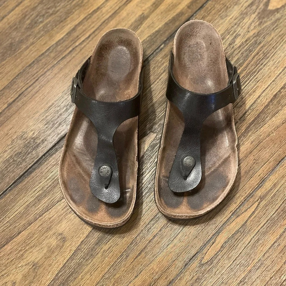 Birkenstock Gizeh Women’s Black Birko Flor T Strap Sandals Size 38 US 7 Hippie - Picture 3 of 12